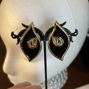 Iris Elegant Clip Black Enamel Gold trim Earrings open teardrop in leaf earrings